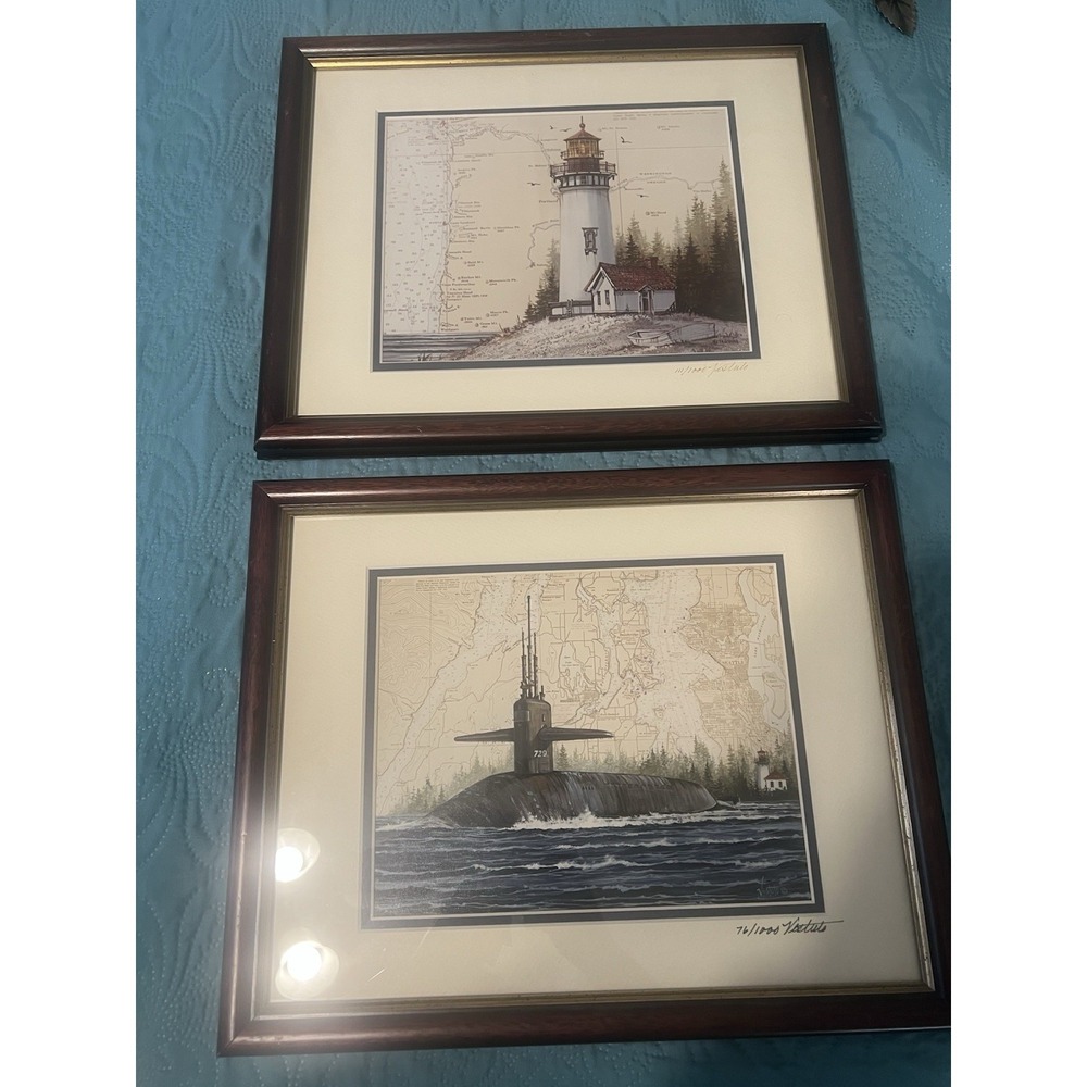 Vintage‎ Vestuto Nautical Prints Lighthouse Submarine Framed Set of 2